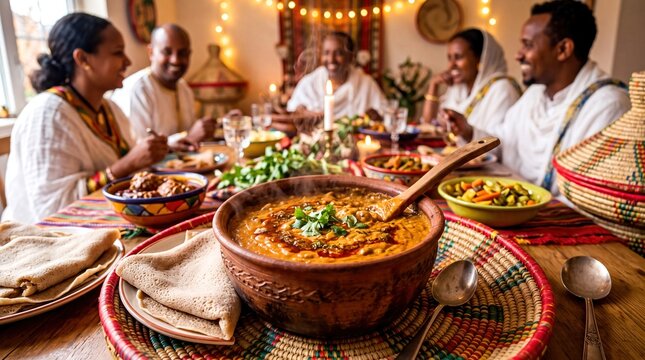 A joyful family gathering sharing traditional Eritrean shiro stew and injera bread during a festive celebration.