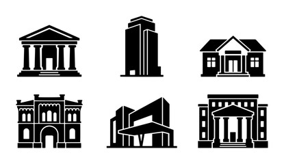 Fototapeta premium 70 Modern and Classic Building Icons Set, Architectural Silhouettes Collection, Government and Business Facades, Urban Design Elements, Vector Graphics 100