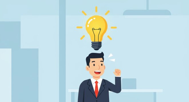 Businessman in suit with light bulb idea concept in modern office setting