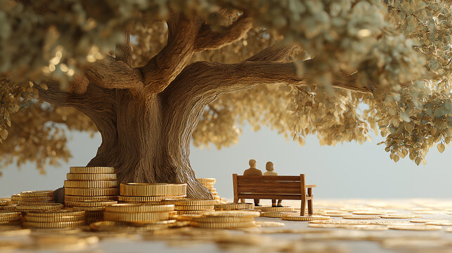 coins under tree with couple senior for pension retirement concept.