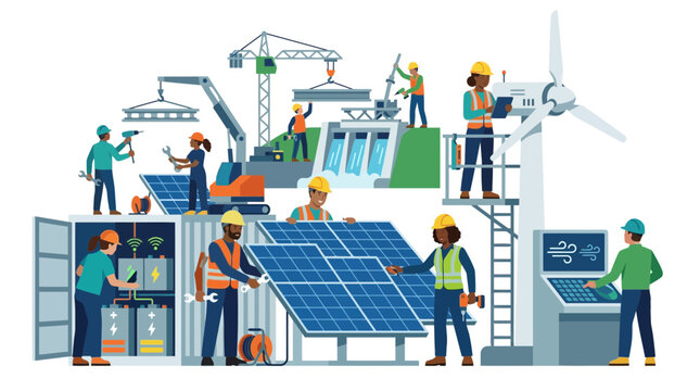 Diverse Workers Installing Renewable Energy Systems and Infrastructure
