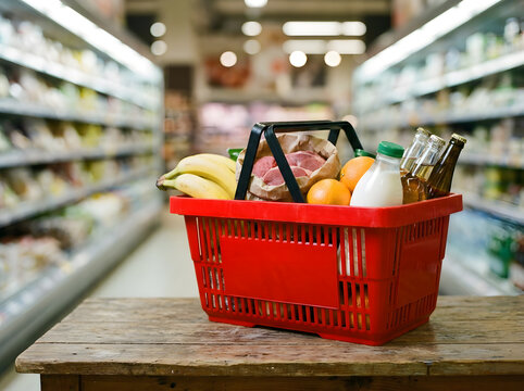 Red Shopping Basket Overflowing with Fresh Groceries in Supermarket Aisle | Full Grocery Basket with Bananas Oranges Meat Milk and Beer Bottles | Grocery Shopping Basket on Wooden Table