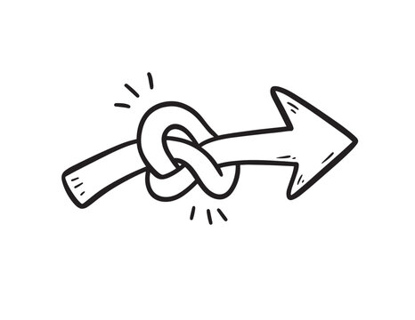 A hand-drawn arrow tied into a knot with a bouncy spring effect in a charming doodle art style.