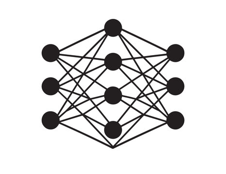 A clean black and white vector illustration of a multi-layered neural network node connection map.