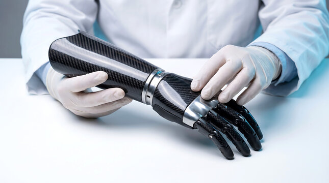 Doctor examining a carbon fiber prosthetic arm. Medical expert testing advanced bionic limb.