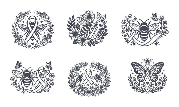 Cancer Awareness Bee Vector Bundle Floral Ribbon Emblem Set For Tshirt Design And Crafting Projects