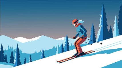 Flat vector design illustration of a winter landscape with a skier skiing down a snowy mountain slope © Grogolan