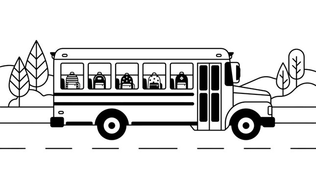 Black and white line art illustration of a school bus.