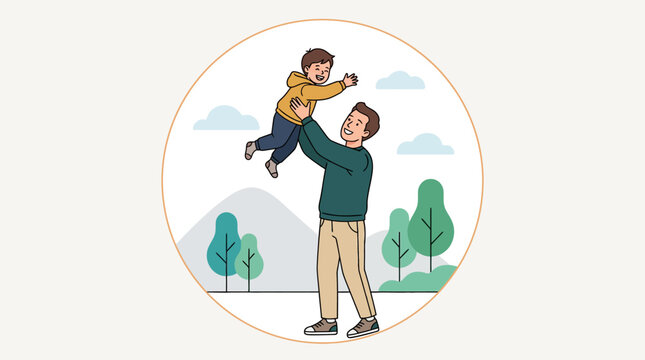 Happy father lifting his young son high in the air outdoors.