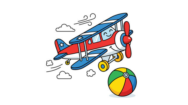 Cute cartoon biplane flying with a colorful beach ball.