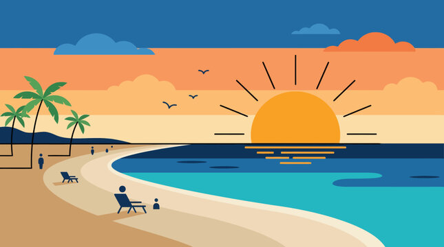 Flat vector illustration of a tropical beach sunset with palm trees and people relaxing on lounge chairs.