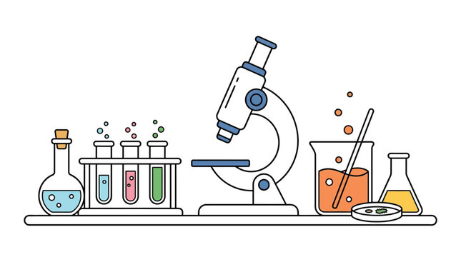 Scientific laboratory equipment illustration with microscope and test tubes.