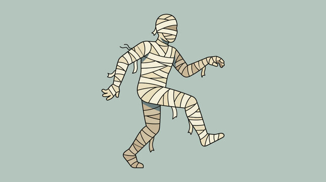 Cartoon illustration of a walking mummy wrapped in bandages.