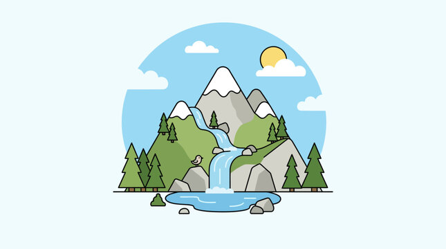Mountain landscape with waterfall and pine trees.
