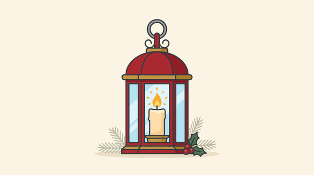 Vintage Red Lantern with Burning Candle Inside.