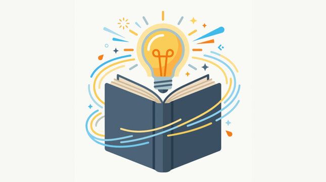 Open book with glowing lightbulb icon representing knowledge and creative ideas.