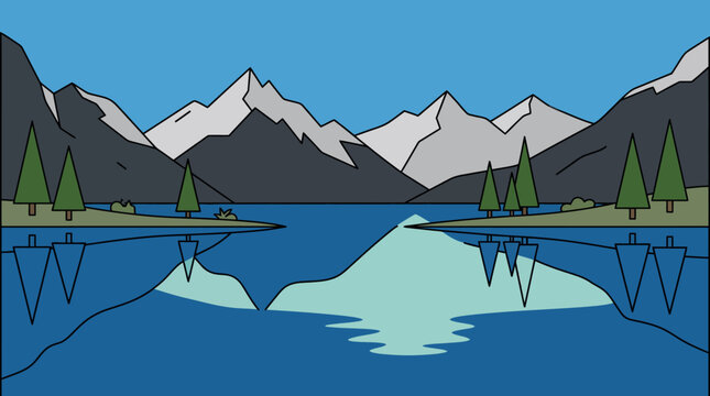 Mountain landscape with lake and forest reflection.