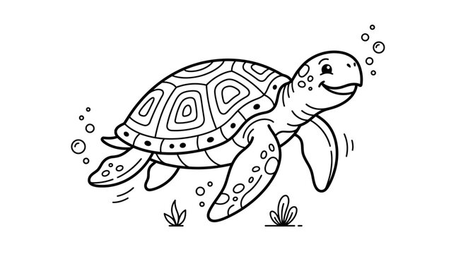 Cute cartoon sea turtle swimming underwater line art illustration.