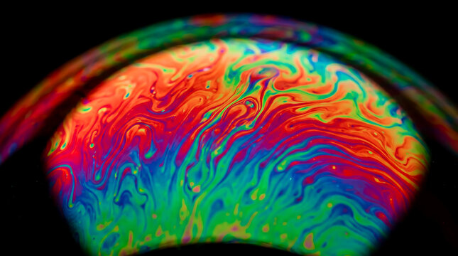 Macro soap bubble surface with iridescent colors. Abstract liquid texture with rainbow swirls.