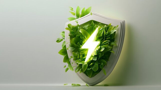 A 3D shield emblem adorned with green foliage and a radiant energy surge symbolizing eco friendly safety and regulatory adherence