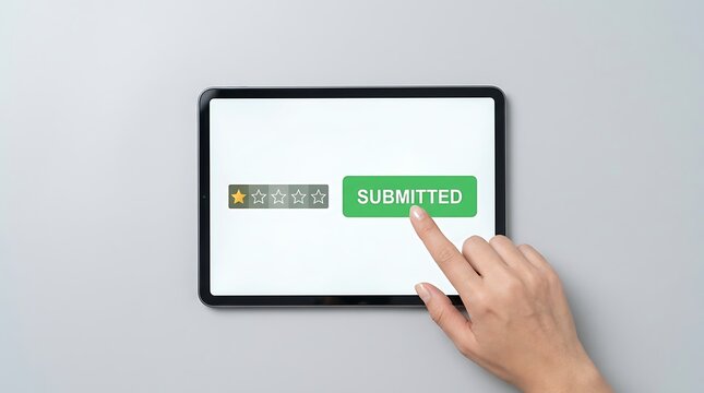 Finger pressing green "submitted" button on tablet screen with one star rating