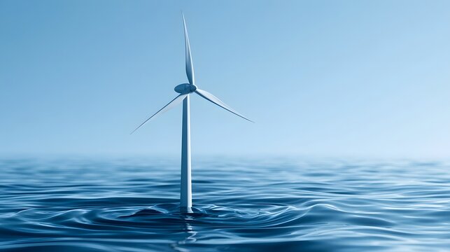 Modern offshore wind turbine icon rising from calm blue water with soft lighting and ample copy space
