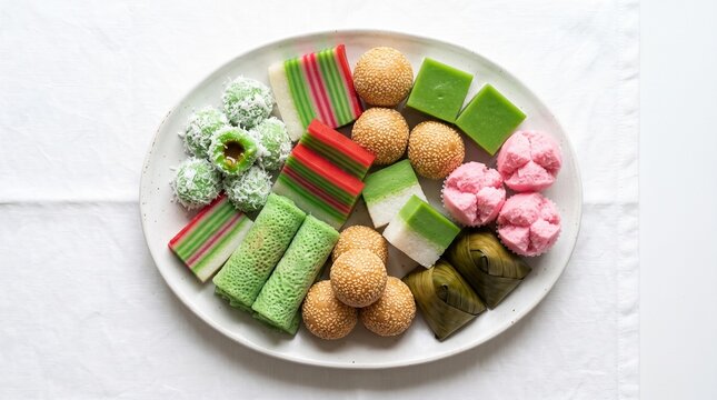 Top view of traditional Indonesian cakes called jajanan pasar including klepon, onde-onde, kue lapis, dadar gulung, and kue mangkok served on a large white plate.