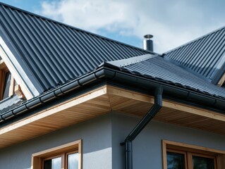 Fototapeta premium Modern gray metal roof structure with a plastic gutter drainage system on a residential house. Contemporary corrugated steel sheet roofing profile architectural exterior building detail close-up.