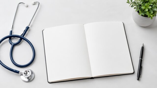 A Blank Notebook with a Stethoscope and a Pen, Symbolizing Healthcare Ideas, Medical Records, and Patient Care Documentation Preparation