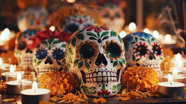 Decorated sugar skulls with marigold flowers and candles for Day of Dead