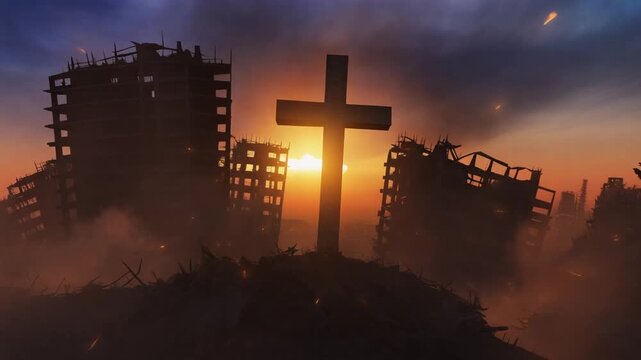 瓦礫に覆われた終末都市で巨大な十字架が立ち背後の黄金色の夕日が煙と火花を照らす臨場感ある迫力が伝わる