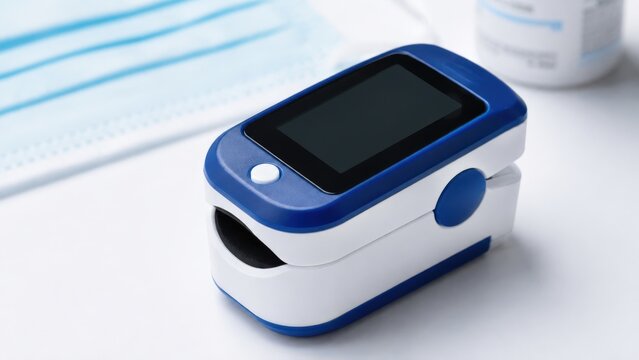 A Close-Up View of a Medical Pulse Oximeter Device on a Clinical Surface with Additional Healthcare Equipment in the Background