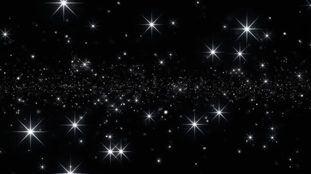漆黒の背景全体に無数の白銀色の星と繊細な光粒子が並び十字形の輝きを放つ幻想的な光と深い奥行きが広がる