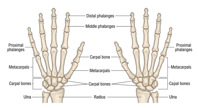 Anatomical diagram of the human hand skeleton showing labeled bones
