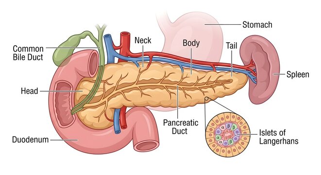 Anatomy of the human pancreas showing adjacent organs and detailed structure of the Islets of Langerhans