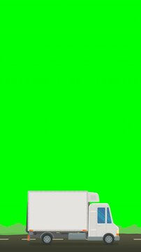 Animated refrigerated truck driving representing cold chain logistics, perishable cargo transport, and commercial delivery. Chroma key green screen with alpha channel. (loopable)