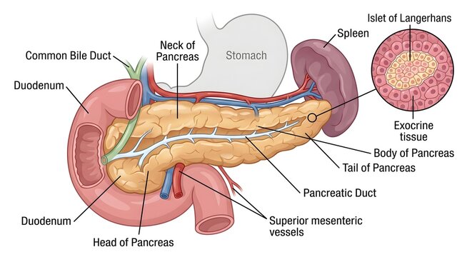 Anatomy of the human pancreas with surrounding organs and magnified cellular structures