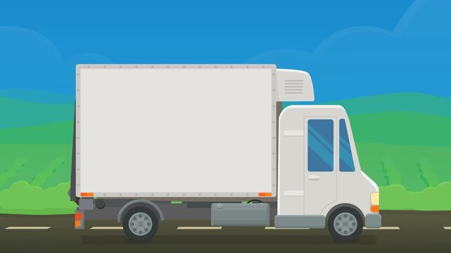 Animated refrigerated truck driving on road representing cold chain logistics, perishable cargo transport, and commercial delivery. (loopable)
