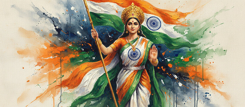 Bharat Mata 15 august Indian flag, with three horizontal stripes of saffron, white, and green, and a blue Ashoka Chakra in the centeic brush strokes and a sense of move