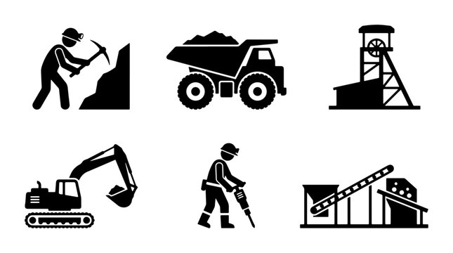 Mining Icons Set: Excavator, Miner with Pickaxe, Jackhammer, Dump Truck, Conveyor, Mine Shaft
