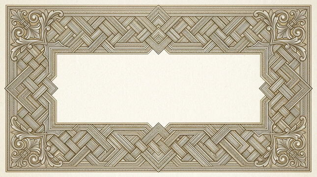 Intricate geometric woven frame design with classical architectural elements.