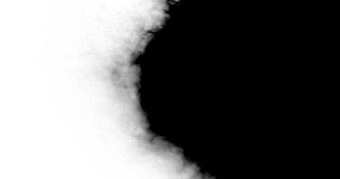 White smoke flows and disperses across a black background, gradually filling the frame before receding, creating a dynamic contrast between light and dark.