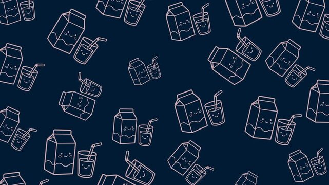 Cute milk carton and glass doodle seamless loop pattern with smiley faces, hand-drawn line art on navy background. Ideal for kids food and drink design.