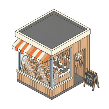 3D Isometric Cartoon Kiosk Stall Bakery and Coffee Shop Illustration Isolated on a Transparent Background