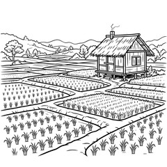 Fototapeta premium Rural Asian landscape with a traditional hut amidst lush green rice paddies, showcasing agricultural beauty and simplicity