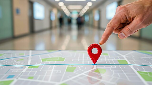 Title:
Hand placing location pin on digital city map for navigation and gps tracking concept photo