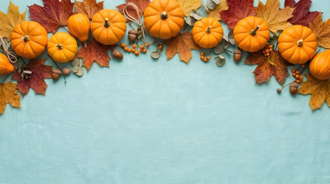 Pumpkins and Autumn Leaves Harvest Illustration with Orange Gourds, Fall Season Decoration for Halloween, Thanksgiving, Nature and Seasonal Farm Holiday Design