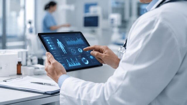 Healthcare Professional Analyzing Patient Data on a Modern Tablet in a Bright, Well-Equipped Medical Facility