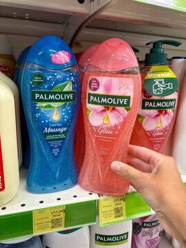 01.08.2026 Ukraine, Kharkov Palmolive Shower Gel Bottles on Supermarket Shelf