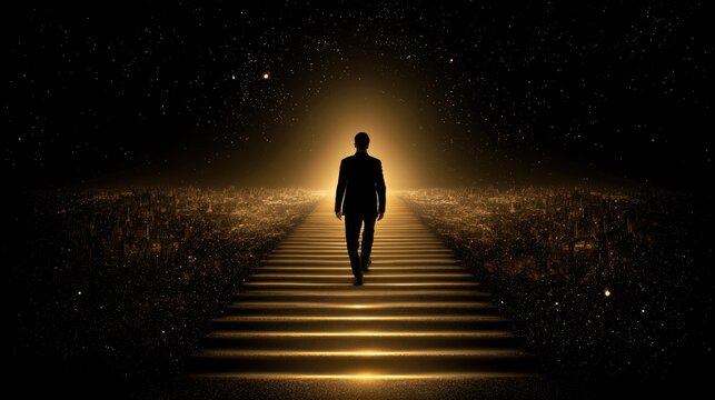 Person Walking Up Stairs Into Light Surrounded by Stars in a Dark Cosmic Environment
